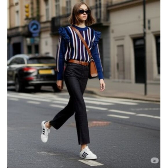 Halogen Striped Long Detachable Sleeve Ruffle Pullover Sweater M - Picture 1 of 11